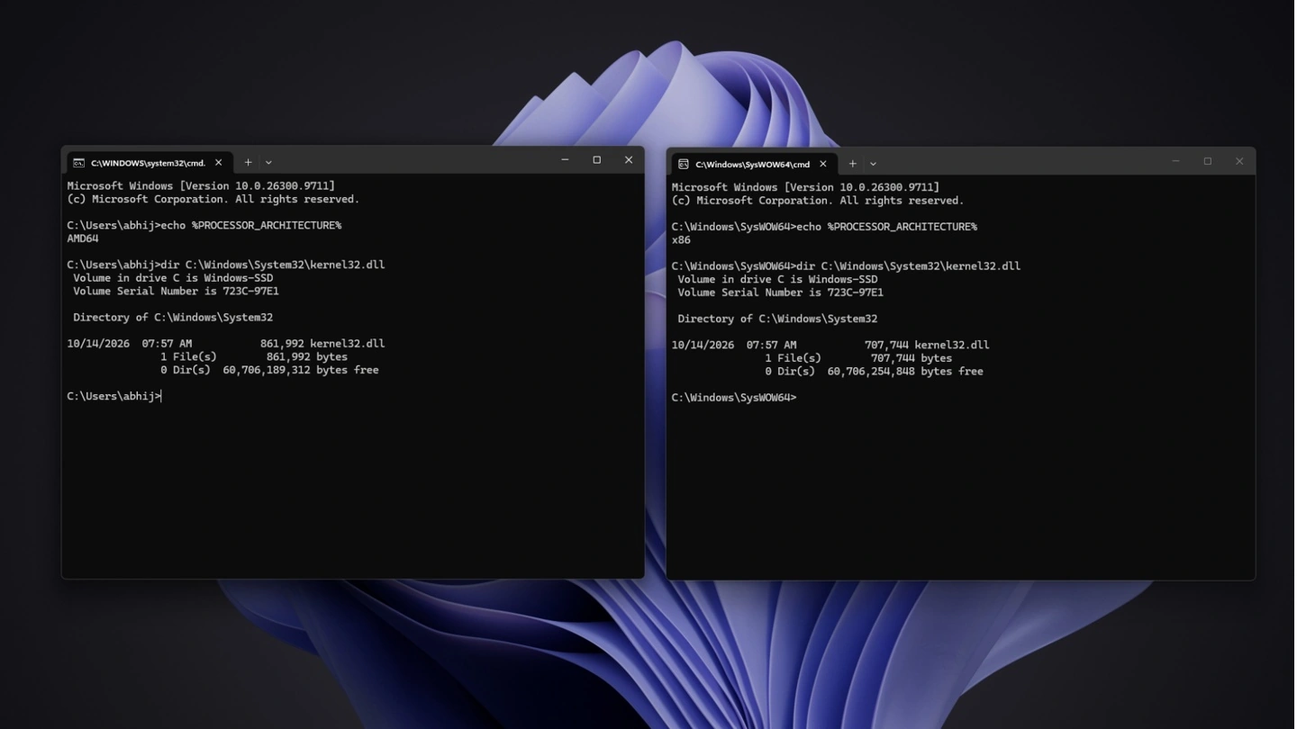 The 32-bit Command Prompt reports x86 and sees SysWOW64’s kernel32.dll when asked for System32